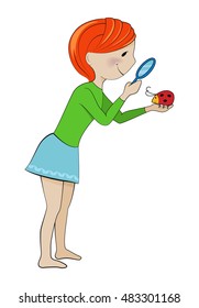 Nature exploration, biology, ecology concept, girl with magnifying glass looking at bug