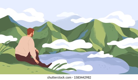 Nature exploration and contemplation flat vector illustration. Man enjoying scenic mountain landscape. Searching new horizons. Explorer cartoon character. Outdoor activity, discovery.