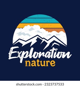 Nature exploration illustration with mountains clouds and colorful sky design outdoor retro vector graphic for T-shirt, poster, apparel, logo and more