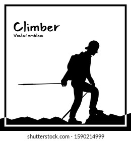 Nature exploration logo. Man climbs to the top of mountain. Vector emblem. Hiking silhouette. Graphic design elements. Climber with backpack, travel sticks and binoculars hike on the hills.