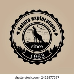 Nature explorations badge with a wolf and wooden texture, vector illustration