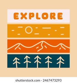 Nature explore the mountain in four part design mono line for t shirt, sticker, background and other