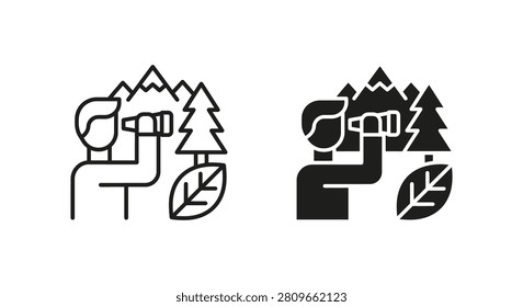 Nature explorer observing landscape with binoculars, mountains, trees, leaf.
