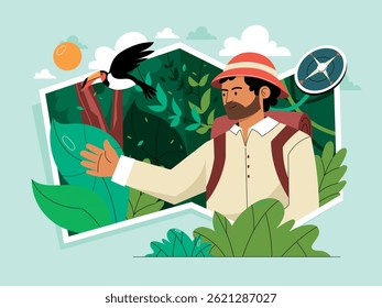 Concepto de los exploradores de la Naturaleza con el hombre en la selva y el vuelo del pájaro