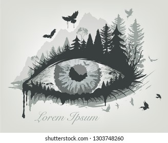 nature eye and forest with flying birds trees