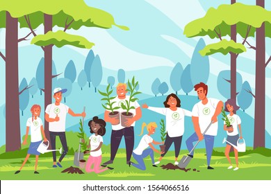 Nature, family, environmental protection, landscaping concept. Young men, women, girls and boys voluntarily care about environment. Parents and children plant trees, shrubs in Park. Simple flat vector