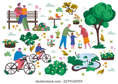 Nature and family set concept with people scene in the flat cartoon design. Image of happy family spending time together in nature. Vector illustration.