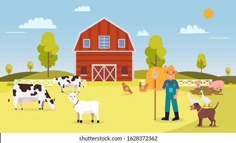 Nature farm with animal in summer.Farm with cows ,hen, goose, duck, pig, dog, goat, barn , farmer and hays.Landscape with farm vector illustration.Rural farm scene flat design.Animal farming concept