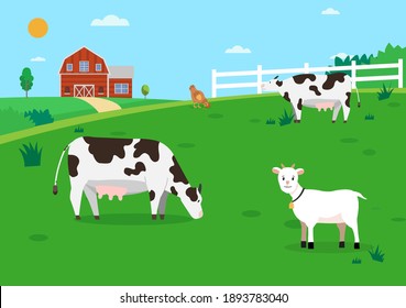 Nature Farm With Animal.Farmland With Cows And Hen.Rural Farm Scene Flat Design.Eco Farm With Animal.
Summer Landscape With Farm