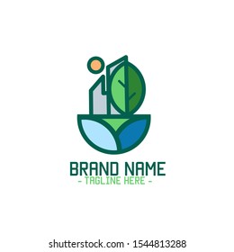 Nature Farm city logo design with sun, leaf and water