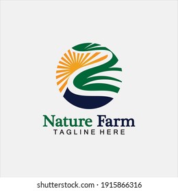 Nature Farm and farming vector logo illustration design. sun farm.Isolated illustration of fields  farm landscape and sun. Concept for agriculture ,harvesting ,natural farm,  organic products.