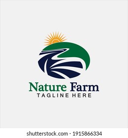 Nature Farm and farming vector logo illustration design. sun farm.Isolated illustration of fields  farm landscape and sun. Concept for agriculture ,harvesting ,natural farm,  organic products.