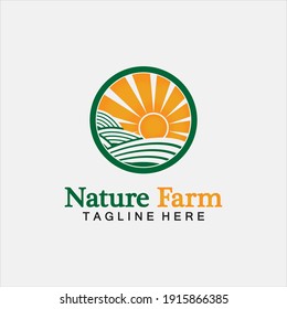 Nature Farm and farming vector logo illustration design. sun farm.Isolated illustration of fields  farm landscape and sun. Concept for agriculture ,harvesting ,natural farm,  organic products.