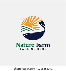 Nature Farm and farming vector logo illustration design. sun farm.Isolated illustration of fields  farm landscape and sun. Concept for agriculture ,harvesting ,natural farm,  organic products.