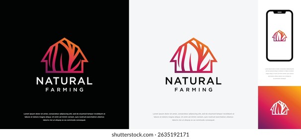 Projeto do logotipo da casa da fazenda da natureza. Modelo do logótipo da exploração agrícola de folha natural. Ícone de símbolo de agricultura e fazenda	