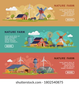 Nature Farm Landing Page Templates Set, Summer Farm Landscape, Rural Scenery Website, Homepage, Agriculture and Farming Concept Vector Illustration