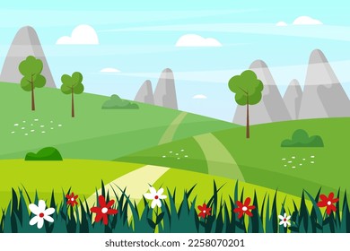Nature farm landscape. Scenic sky and grass lawn. Summer hills and fields in countryside. Meadow or garden scenery. Panorama with mountains and path. Vector cartoon garish background