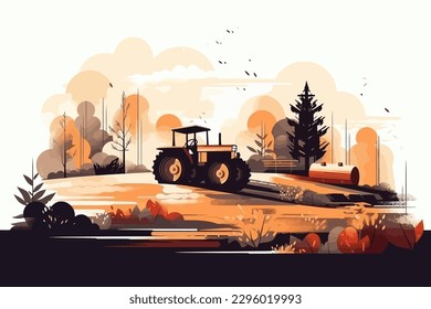 Nature and farm landscape. village, sky, field, trees, tractor and grass for background, poster vector illustration