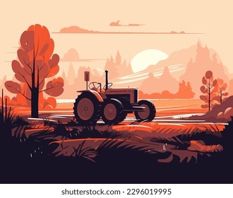 Naturaleza y paisaje agrícola. aldea, cielo, campo, árboles, tractor y hierba para fondo, afiche vectorial ilustración