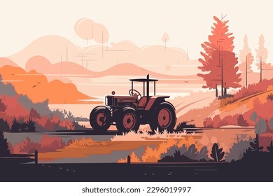 Naturaleza y paisaje agrícola. aldea, cielo, campo, árboles, tractor y hierba para fondo, afiche vectorial ilustración