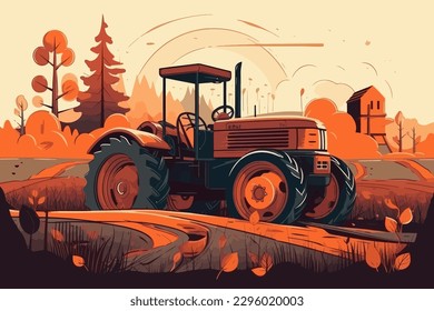 Nature and farm landscape. village, sky, field, trees, tractor and grass for background, poster vector illustration