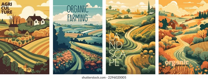 Nature and farm landscape. village, sky, field, trees, house and lawn for background, poster vector illustration set