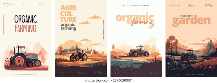 Nature and farm landscape. village, sky, field, trees, house and lawn for background, poster vector illustration set