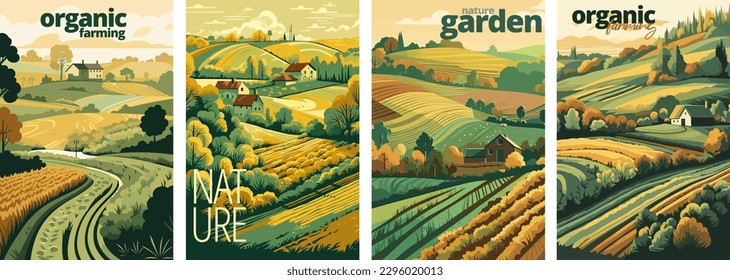 Nature and farm landscape. village, sky, field, trees, house and lawn for background, poster vector illustration set