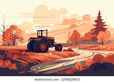 Nature and farm landscape. village, sky, field, trees, tractor and grass for background, poster vector illustration