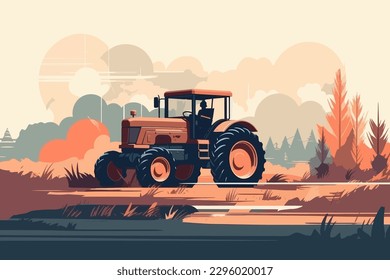 Nature and farm landscape. village, sky, field, trees, tractor and grass for background, poster vector illustration