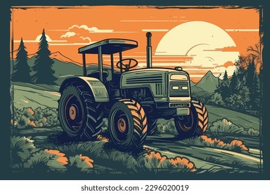 Nature and farm landscape. village, sky, field, trees, tractor and grass for background, poster vector illustration