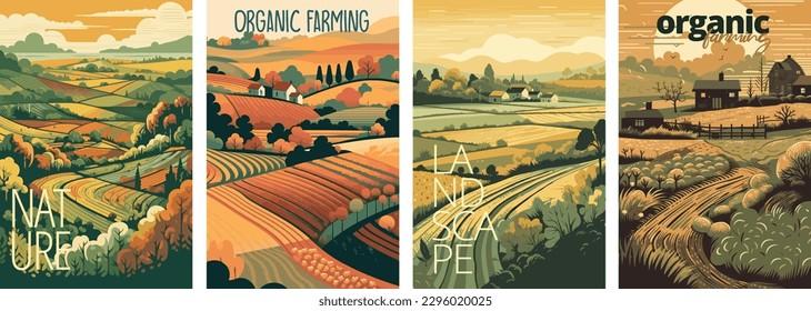 Nature and farm landscape. village, sky, field, trees, house and lawn for background, poster vector illustration set