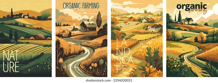 Naturaleza y paisaje agrícola. aldea, cielo, campo, árboles, casa y césped para fondo, cartel ilustrativo vector conjunto