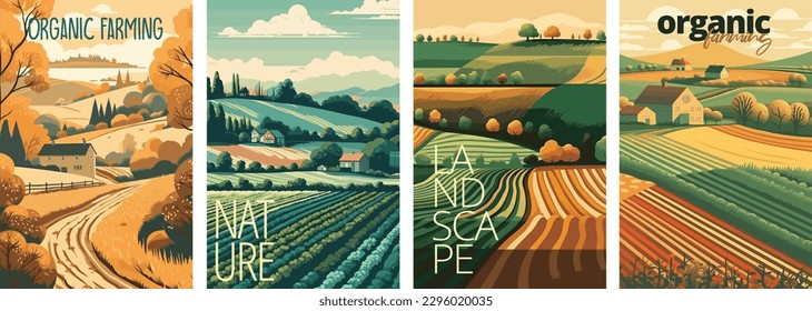 Nature and farm landscape. village, sky, field, trees, house and lawn for background, poster vector illustration set