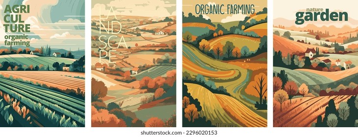 Naturaleza y paisaje agrícola. aldea, cielo, campo, árboles, casa y césped para fondo, cartel ilustrativo vector conjunto