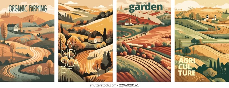 Nature and farm landscape. village, sky, field, trees, house and lawn for background, poster vector illustration set