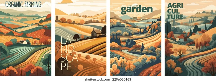 Naturaleza y paisaje agrícola. aldea, cielo, campo, árboles, casa y césped para fondo, cartel ilustrativo vector conjunto