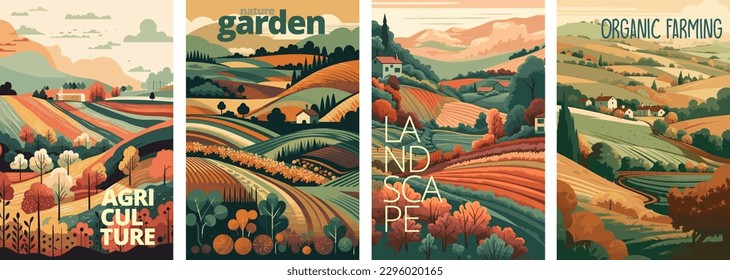 Naturaleza y paisaje agrícola. aldea, cielo, campo, árboles, casa y césped para fondo, cartel ilustrativo vector conjunto