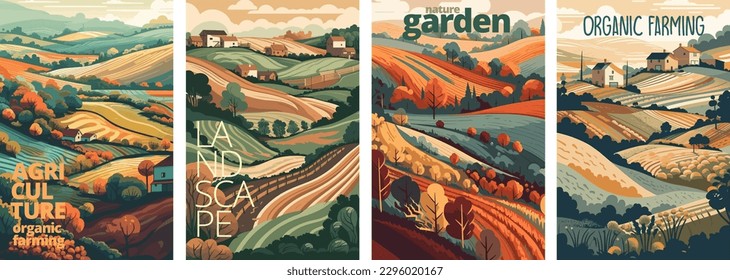 Nature and farm landscape. village, sky, field, trees, house and lawn for background, poster vector illustration set