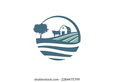 nature farm logo with a combination of a barn, field, cow, and tree with a beautiful view.