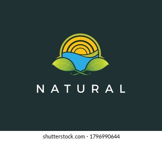Nature Farm logo design with sun, leaf and water