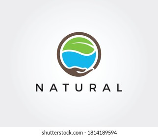 Nature Farm logo design with sun, leaf and water