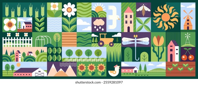 Nature farm pattern. Garden abstract, poster countryside. Tree, butterfly, flower and barn house, earth field picnic, green grass and leaf. Spring village. Horizontal banner vector geometry background