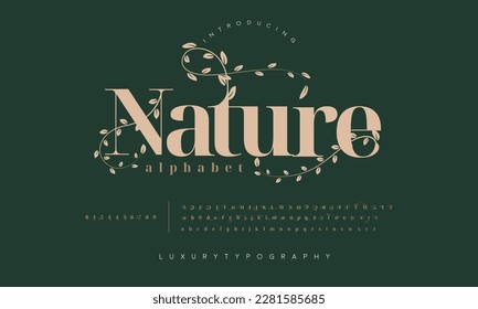 Nature fashion font alphabet. Minimal modern urban fonts for logo, brand etc. Typography typeface uppercase lowercase and number. vector illustration