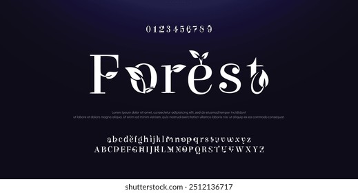 Nature fashion font alphabet. Minimal modern urban fonts for logo, brand etc. Typography typeface uppercase lowercase and number. vector illustration