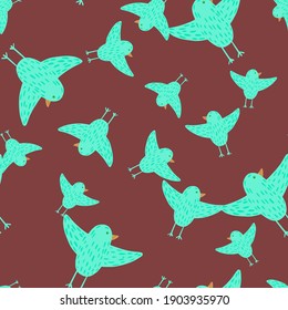 Fauna natural sin fisuras patrón abstracto con formas azules aleatorias de aves. Fondo marrón. Ilustración vectorial para impresiones textiles estacionales, tela, carteles, telas de fondo y papel pintado.
