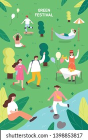 Nature Festival. Poster template for outdoor festival. Flat cartoon colorful vector illustration.