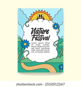 Nature Festival Promotional Poster with Bright Sun and Floral Design Cartoon Retro Vintage Vector illustration