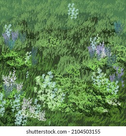 Nature field with green grass, flowers at meadow. Summer landscape. Vintage vector hatching color hand drawn illustration