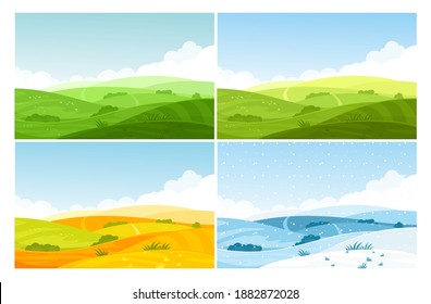 Nature Field Landscape In Four Seasons Vector Illustration Set. Cartoon Summer Spring Autumn Winter Scenes With Green Grassland Meadow, Blue Snow Hills, Yellow Wild Fields, Panorama Scenery Background